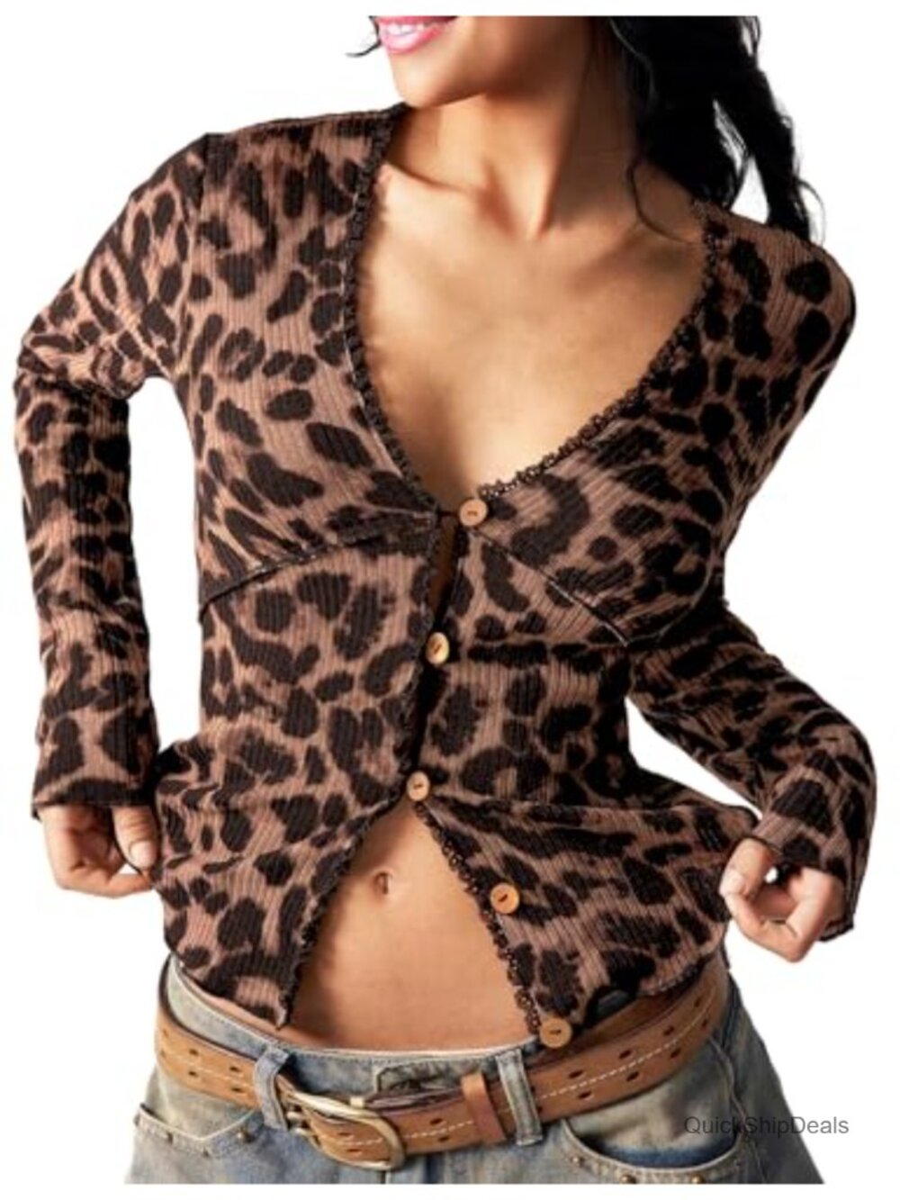Leopard Print Cardigan Button Down Cropped Shrug Lightweight Stretchy Y2K